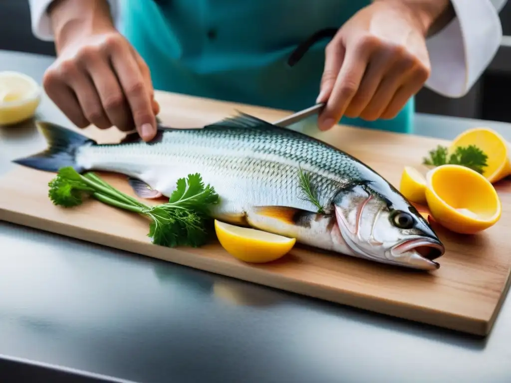 Un chef en Uruguay cocina con pescados, mostrando destreza y pasión en un mercado bullicioso