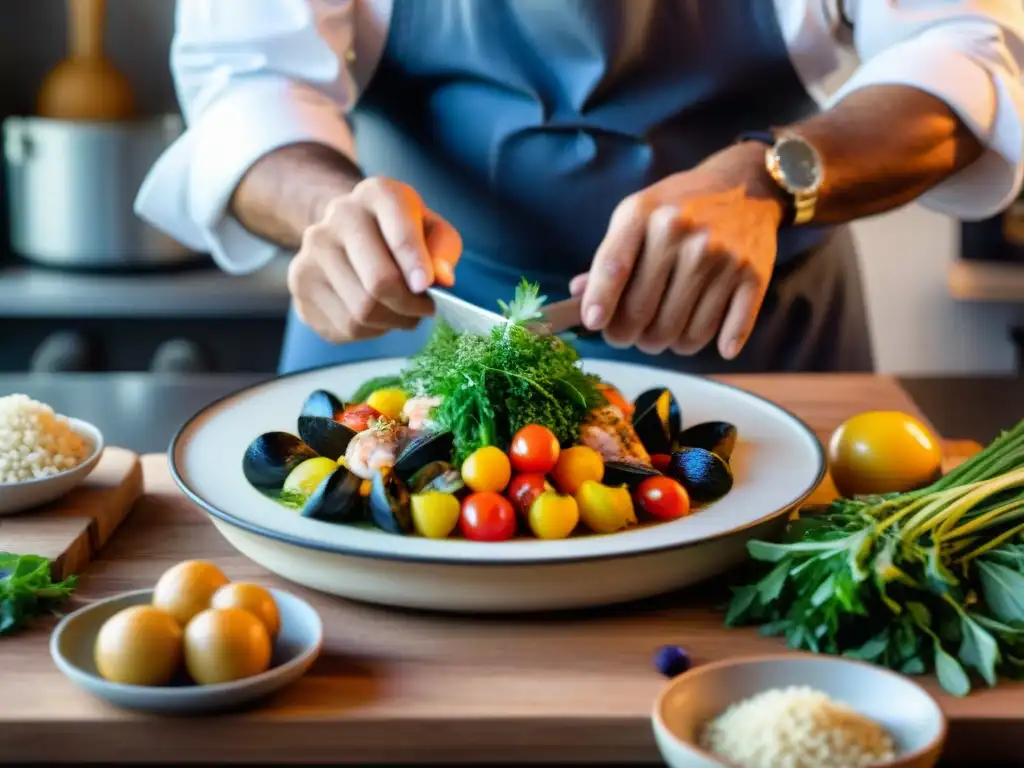 El chef prepara con maestría un plato tradicional de la cocina costera uruguaya, revelando sus secretos con ingredientes frescos y coloridos