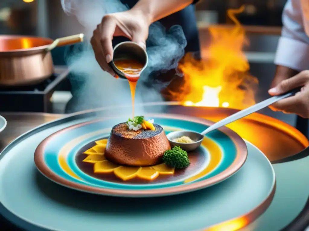 Un chef decora con precisión un plato uruguayo colorido y detallado en una cocina animada