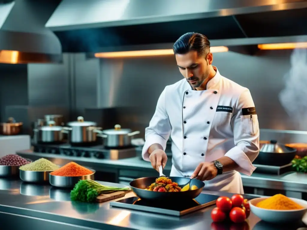 Un chef profesional en una cocina moderna preparando un plato uruguayo con técnicas gourmet