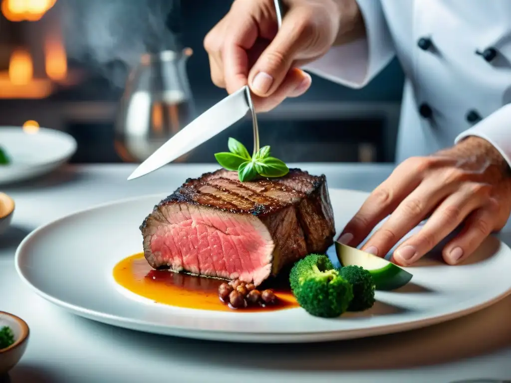 Un chef profesional coloca con delicadeza un trozo perfectamente sellado de carne uruguaya en un plato blanco, en una cocina de alta gama llena de actividad culinaria, resaltando las técnicas gourmet de los platos uruguayos