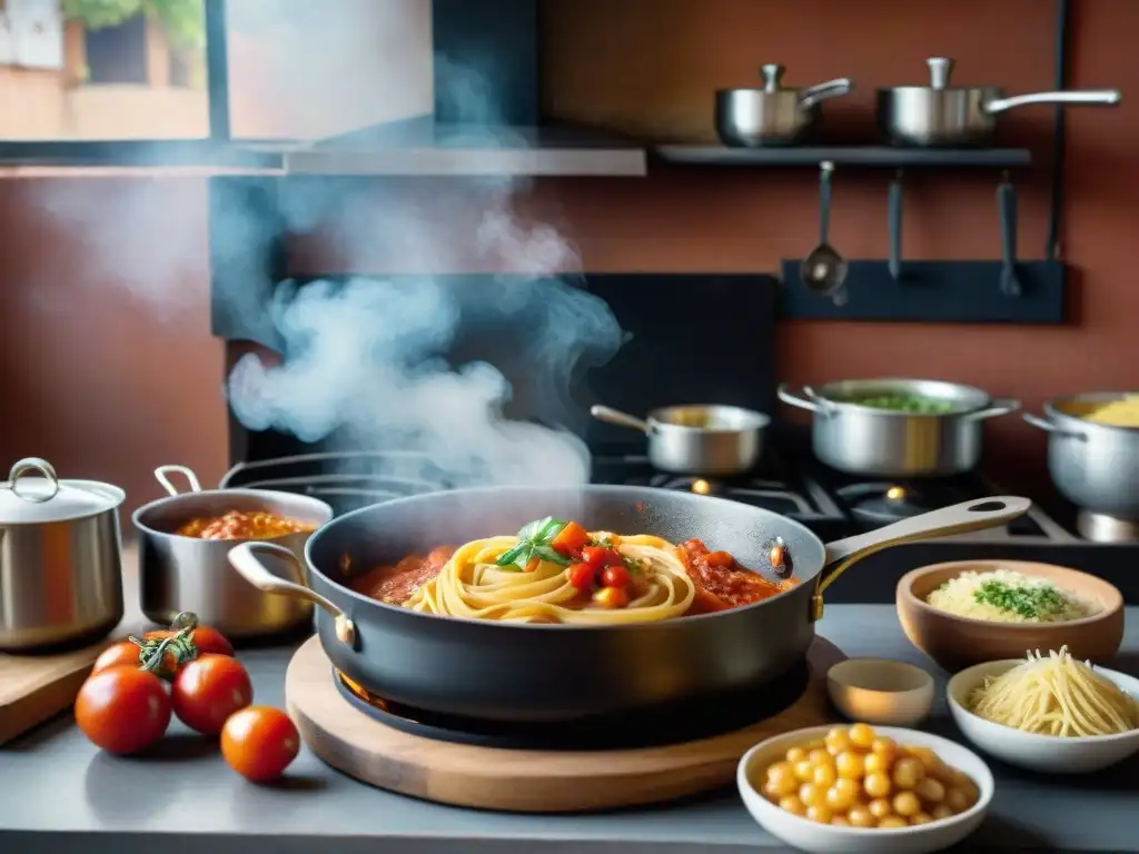 Un chef preparando recetas de pastas caseras Uruguay en una cocina tradicional uruguaya llena de ingredientes y salsas caseras