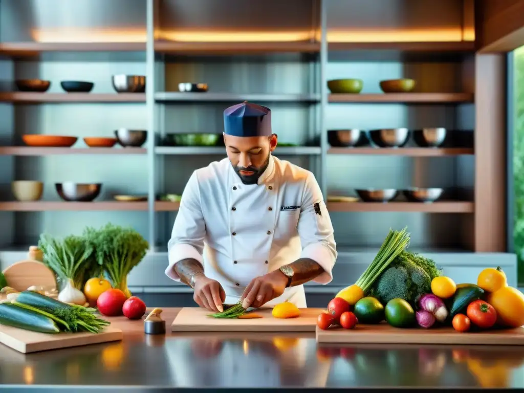 Un chef renombrado en una cocina de hotel boutique, creando una obra de arte culinaria