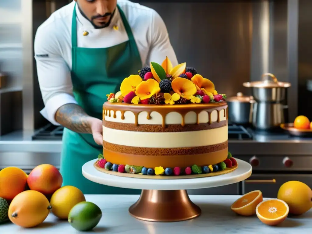 Un chef repostero experto decora un pastel de lujo con caramelo dorado rodeado de frutas frescas y flores comestibles