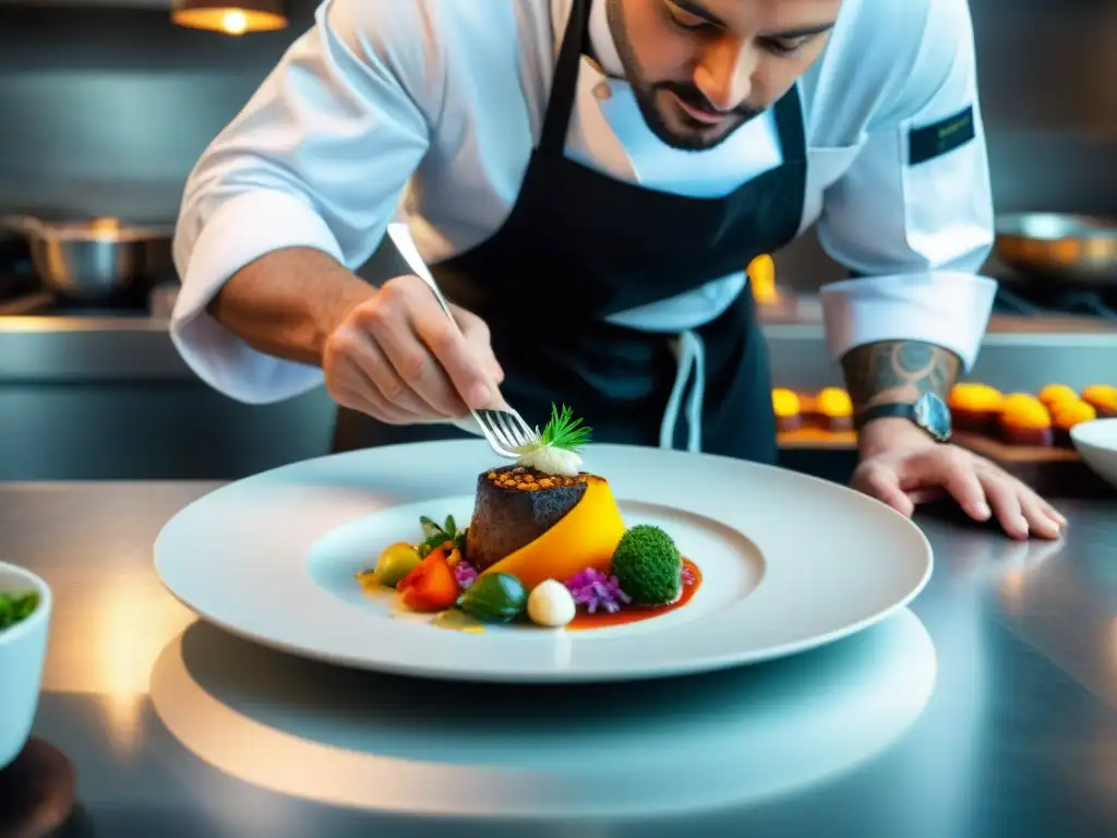 Chef en restaurante exclusivo de Montevideo, plato gourmet con precisión