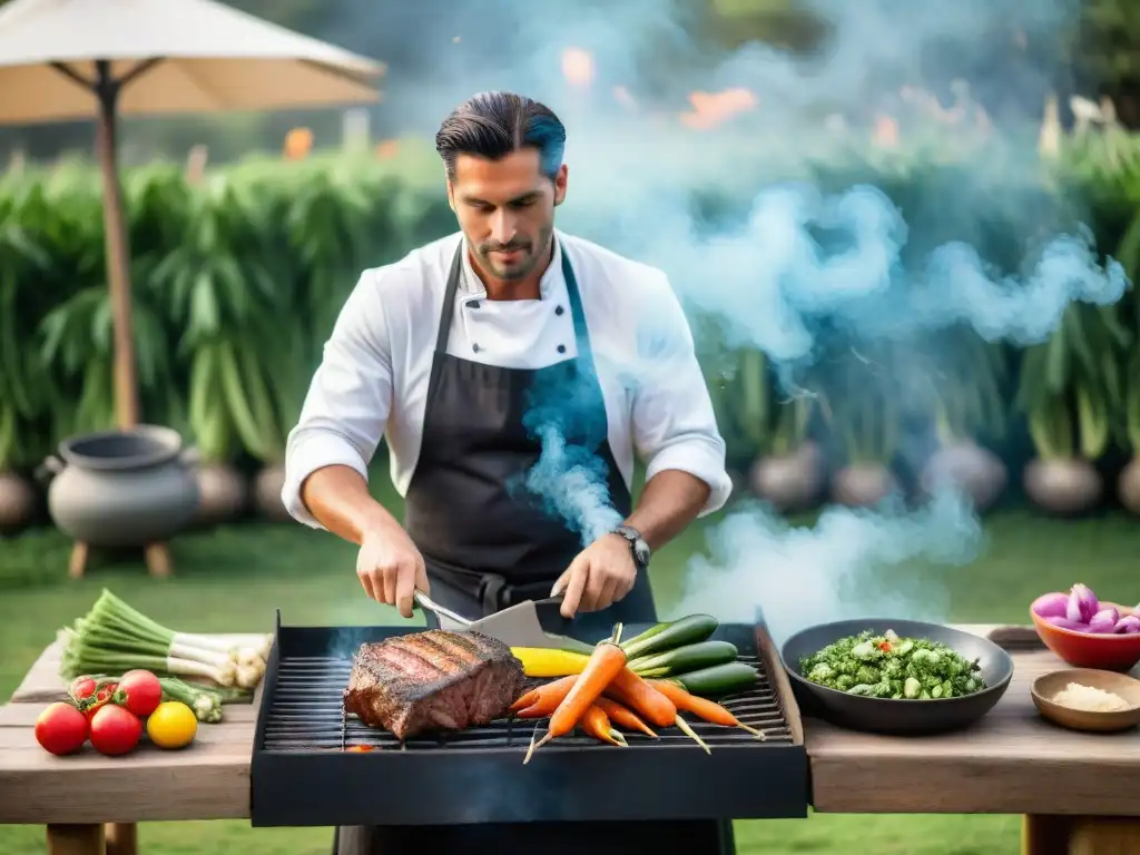 Un chef uruguayo asando un asado tradicional sobre fuego de leña rodeado de vegetales frescos en un jardín comunitario