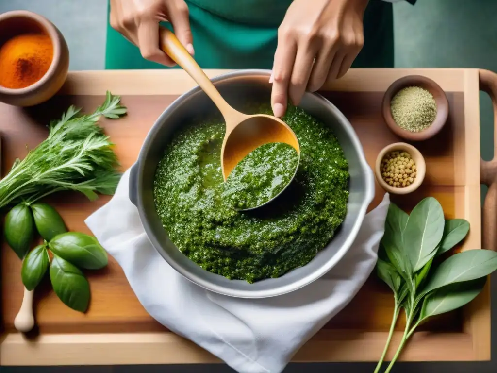 Un chef uruguayo preparando chimichurri con sabores únicos en una cocina rústica