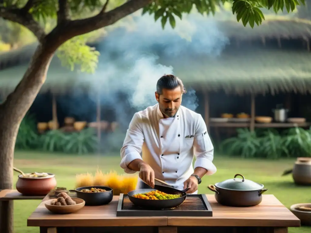 Un chef uruguayo preparando un chivito en un ecolodge rodeado de vegetación, cazuelas burbujeantes y pan recién horneado