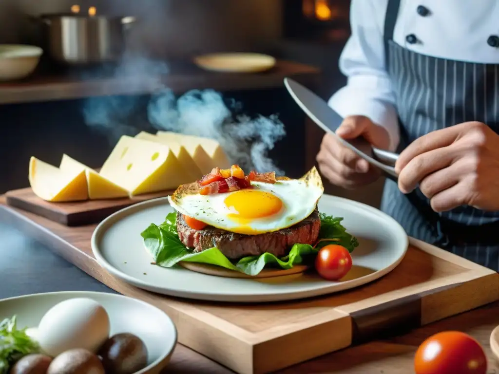 Un chef uruguayo prepara un Chivito al Plato con maestría en una cocina rústica