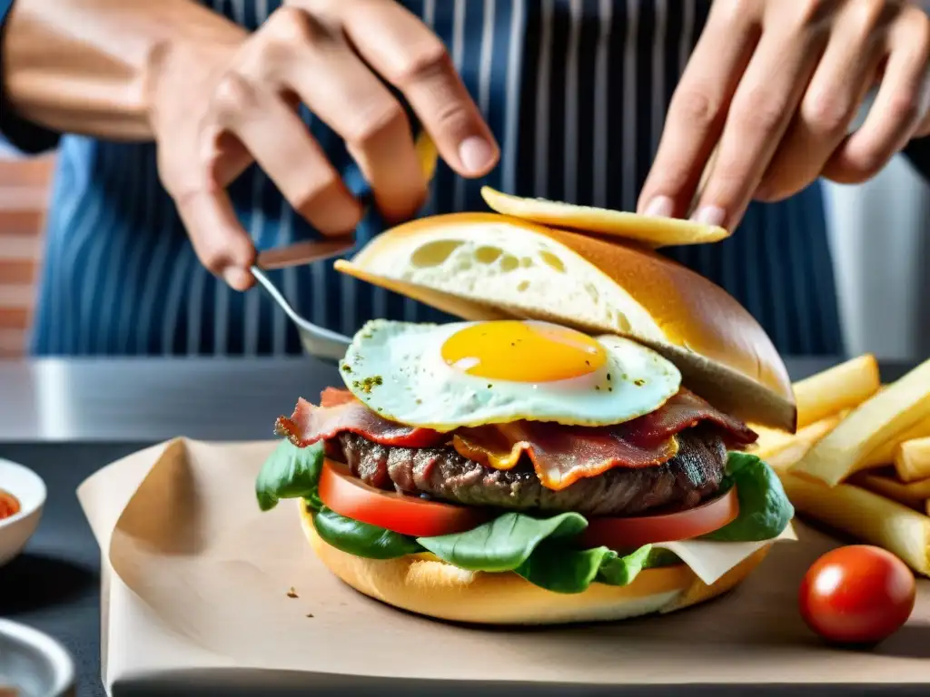 Un chef uruguayo prepara un chivito con técnicas gourmet platos uruguayos