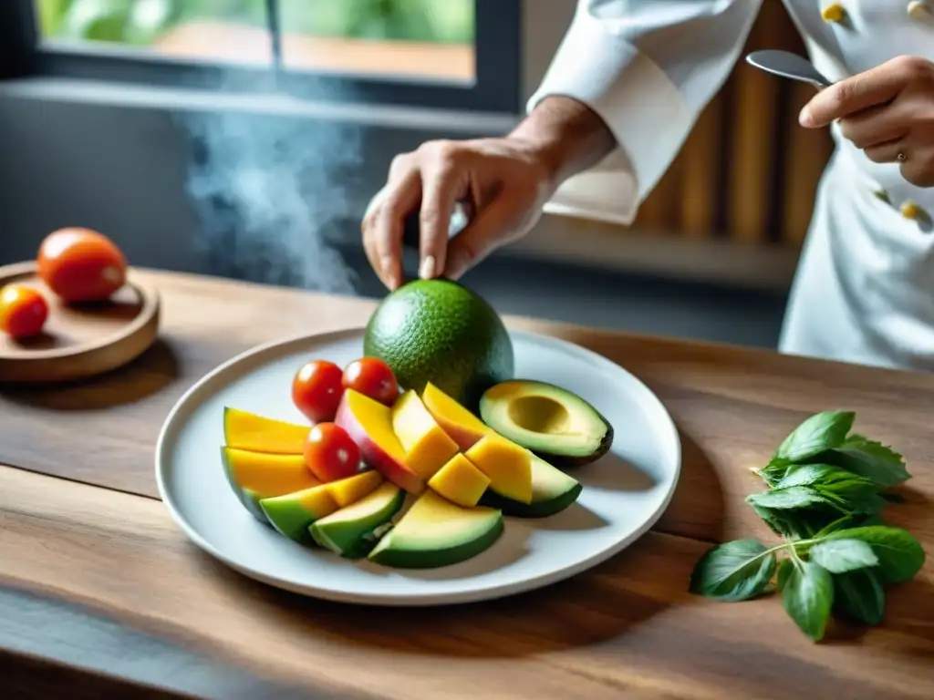 Chef uruguayo preparando una colorida ensalada de mango, aguacate y tomate en plato blanco sobre mesa de madera