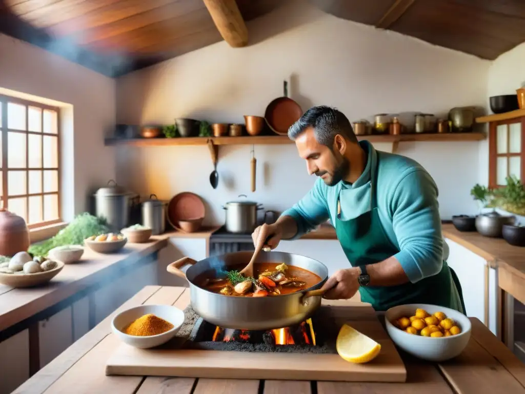 Un chef uruguayo prepara una deliciosa cazuela de mariscos en una cocina costera tradicional