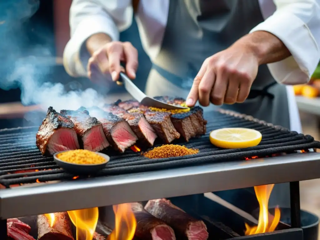 Un chef uruguayo preparando un delicioso asado sobre la parrilla, revelando los sabores secretos de Uruguay