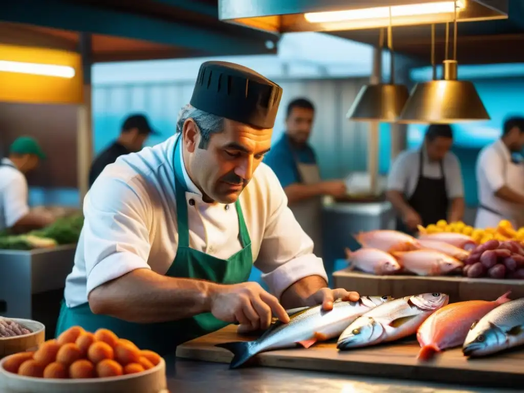 Un chef uruguayo experto en cocina con pescados cortando con precisión un pescado fresco en un bullicioso mercado de pescado en Montevideo, Uruguay