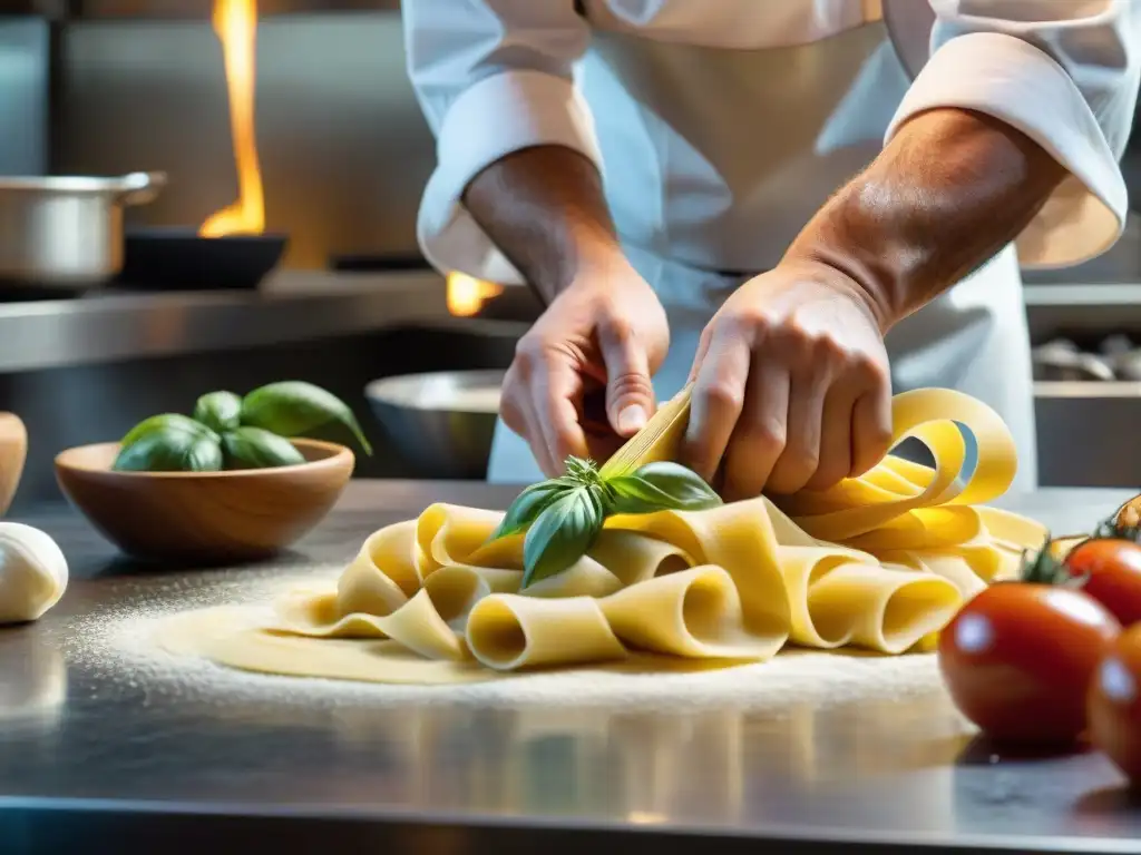 Un chef uruguayo experto en gastronomía italiana elaborando pasta a mano en una lujosa cocina, rodeado de ingredientes frescos