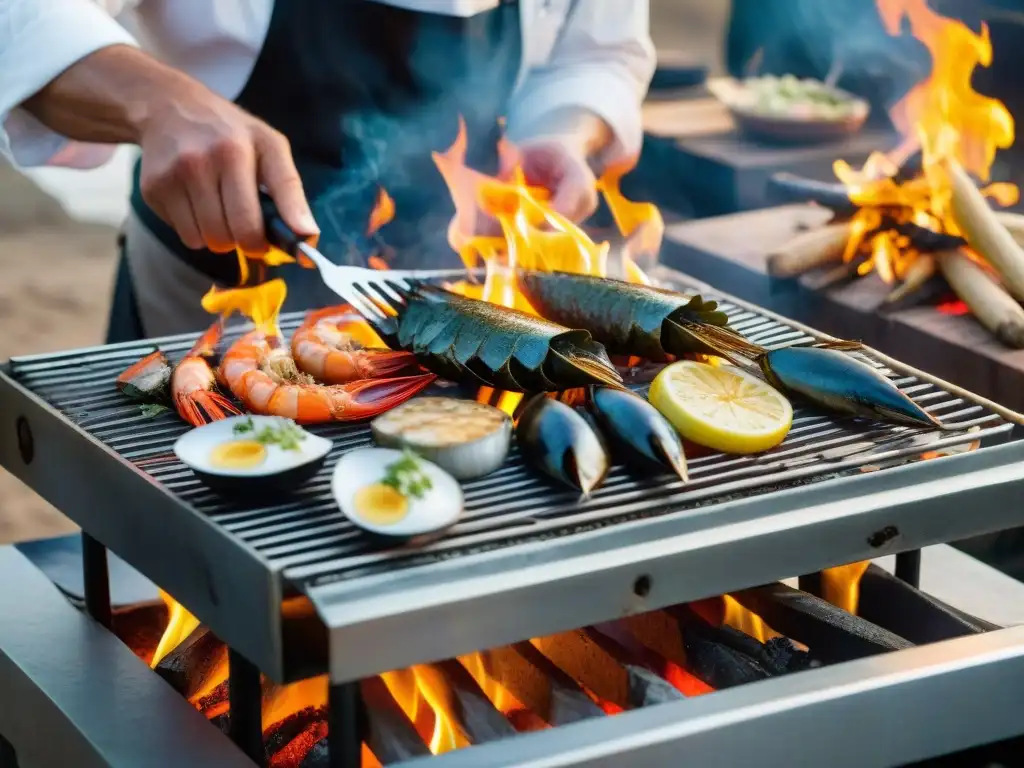 Un chef uruguayo experto cocina mariscos a la parrilla en la costa, mostrando la esencia de la cocina costera uruguaya y sus secretos