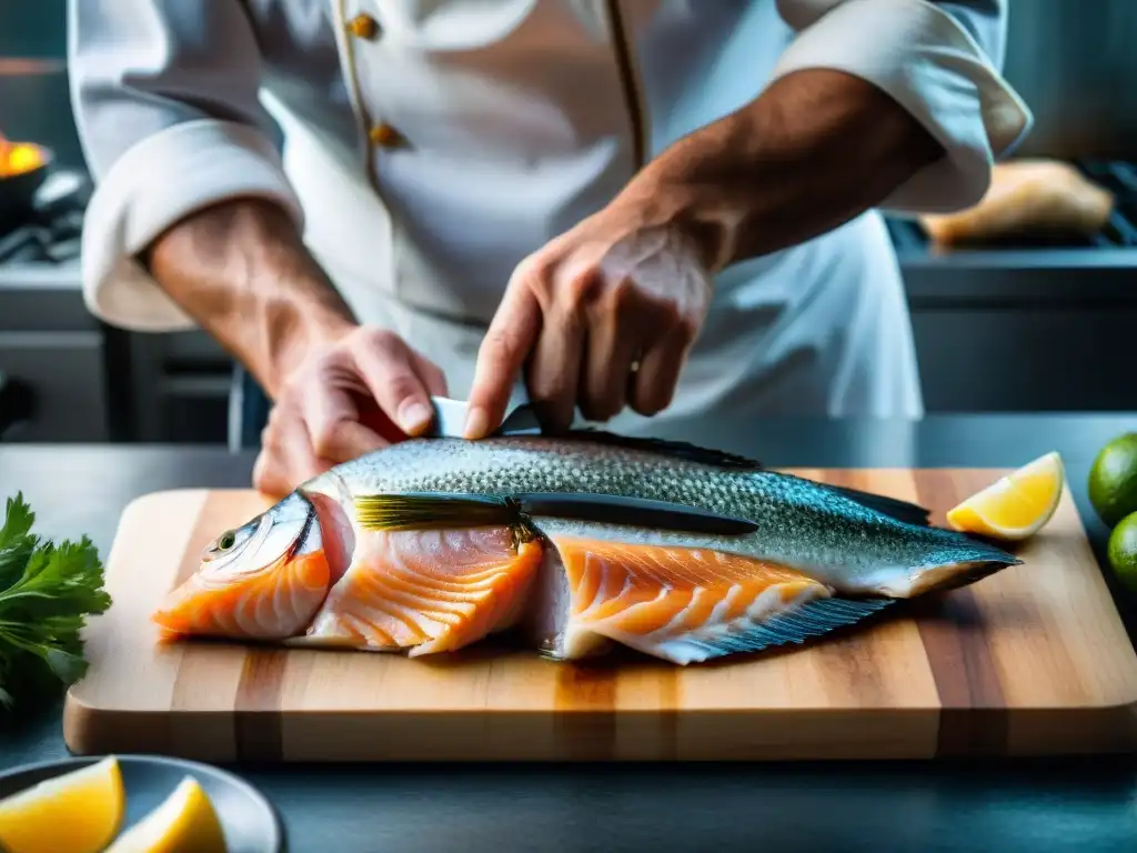 Un chef uruguayo experto fileteando pescado fresco, mostrando la precisión en la cocina costera uruguaya secretos