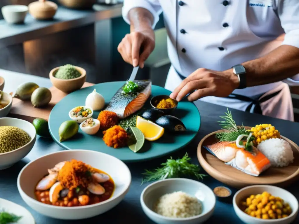 Un chef uruguayo experto preparando plato costero rodeado de mariscos frescos, hierbas y especias coloridas en cocina bulliciosa