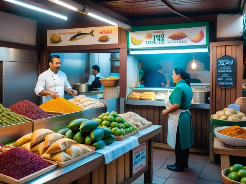 Un chef uruguayo selecciona ingredientes en un mercado vibrante de Montevideo, con sabores auténticos de la Gastronomía Uruguaya