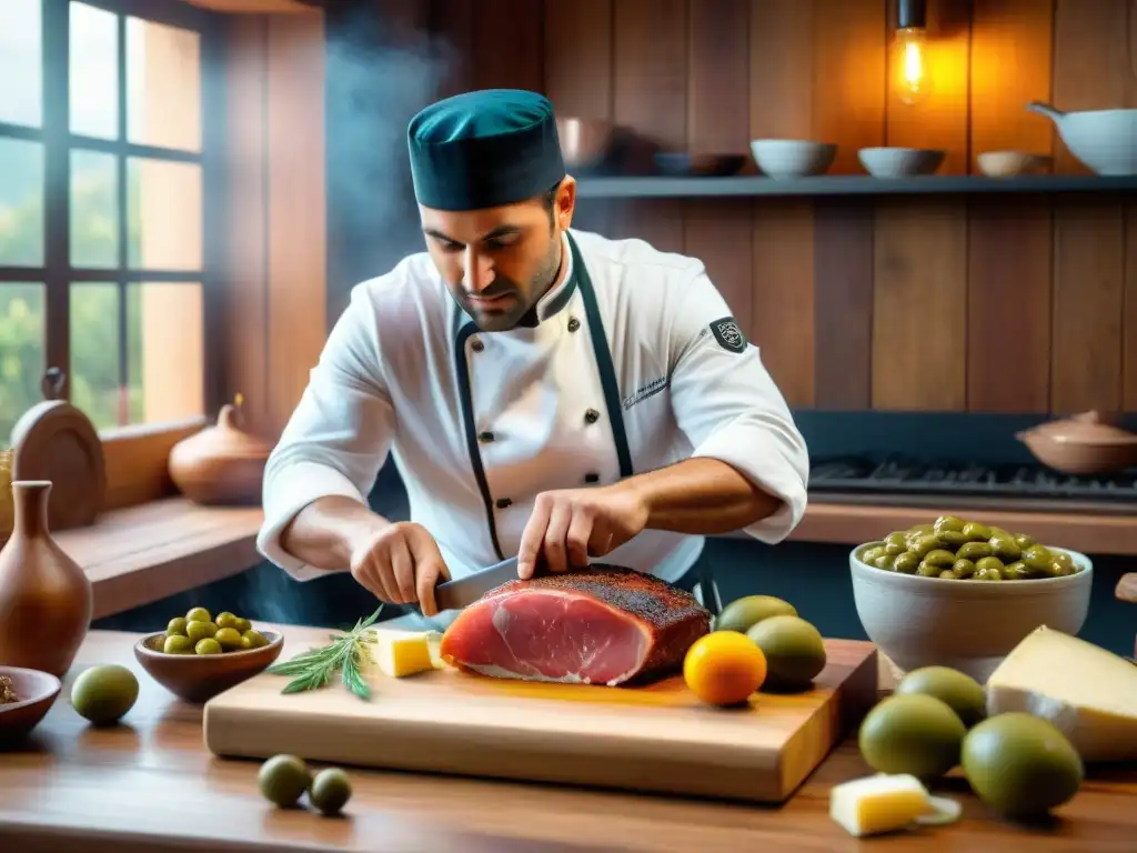 Chef uruguayo preparando plato español en cocina rústica con influencias europeas gastronomía uruguaya