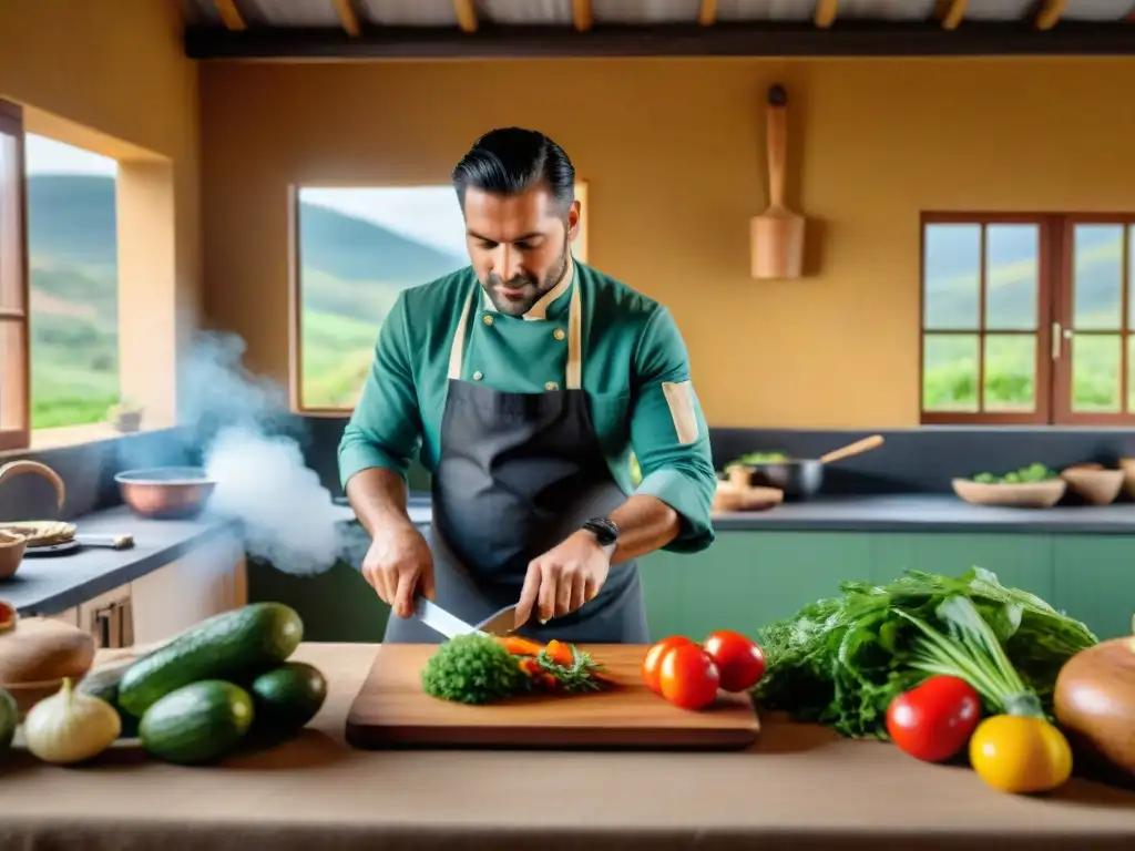 Un chef uruguayo prepara plato local en Ecolodge rodeado de ingredientes frescos