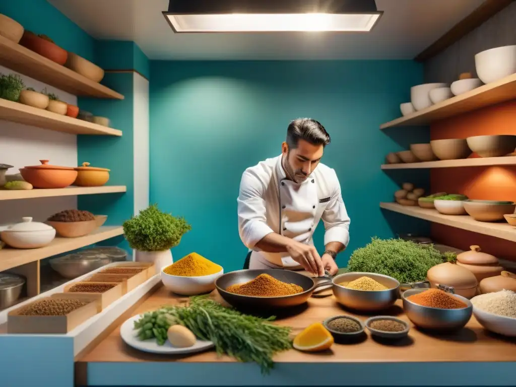 Un chef uruguayo creando plato tradicional con pasión, rodeado de ingredientes locales