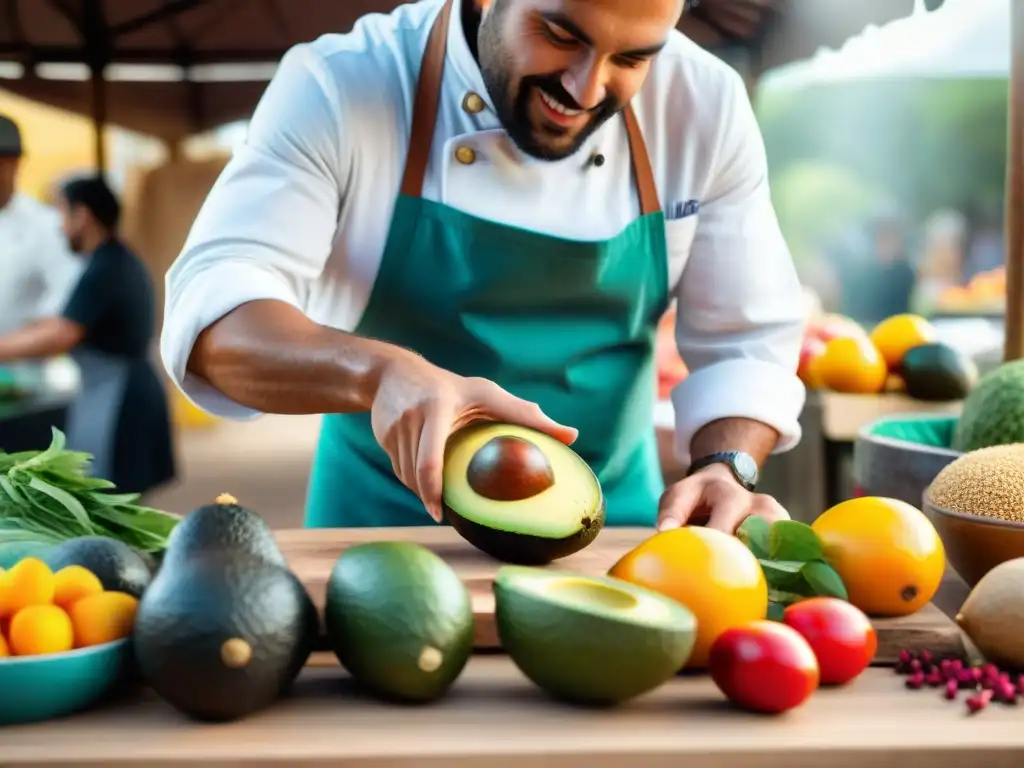 Un chef uruguayo creando un plato tradicional en un mercado