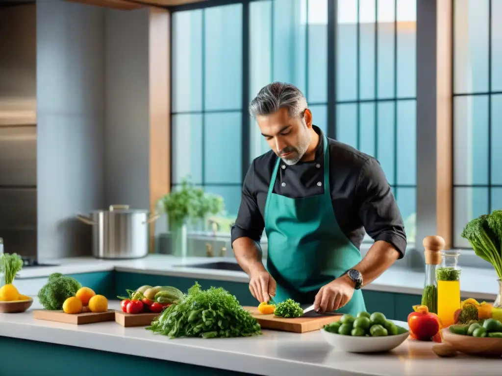 Un chef uruguayo preparando un plato tradicional con un toque moderno en una cocina contemporánea