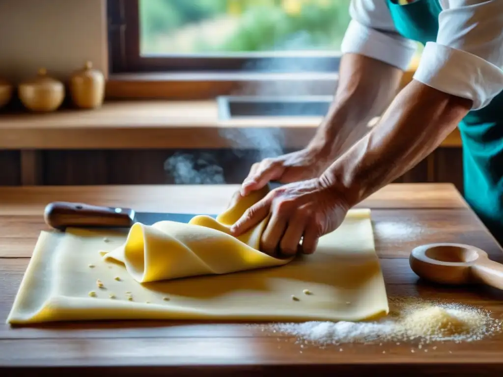 Chef uruguayo preparando recetas de pastas caseras con destreza en una mesa de madera, luz natural iluminando la escena