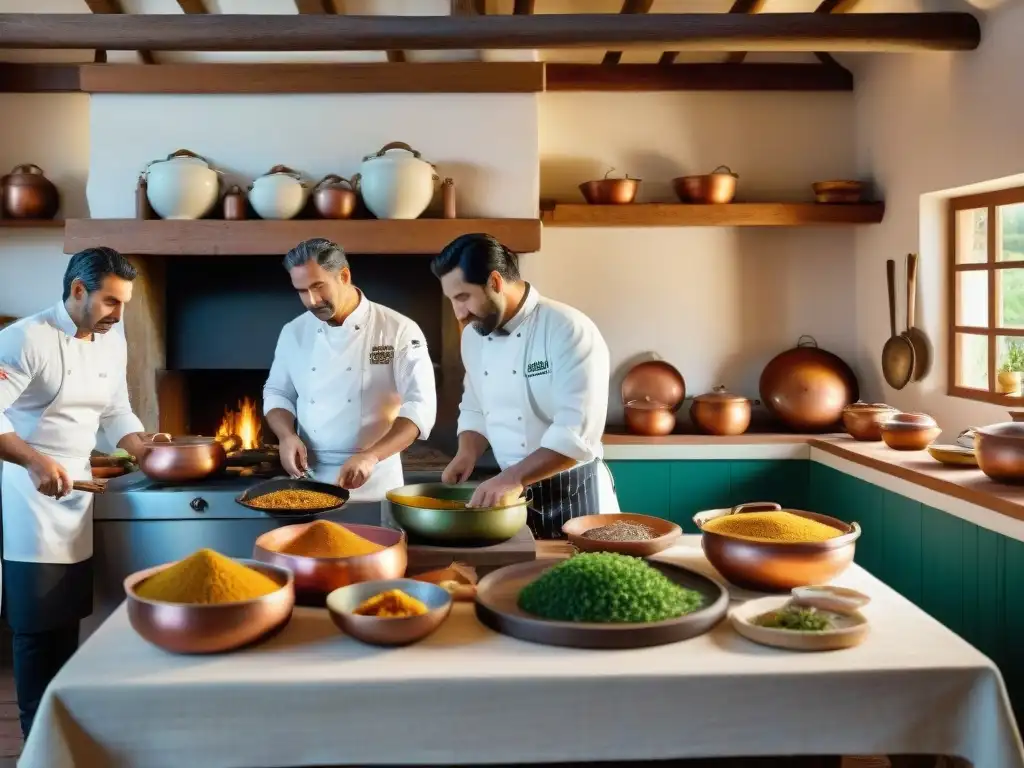 Chefs preparando platos gourmet en cocina de estancia uruguaya, Gastronomía de lujo campo uruguayo