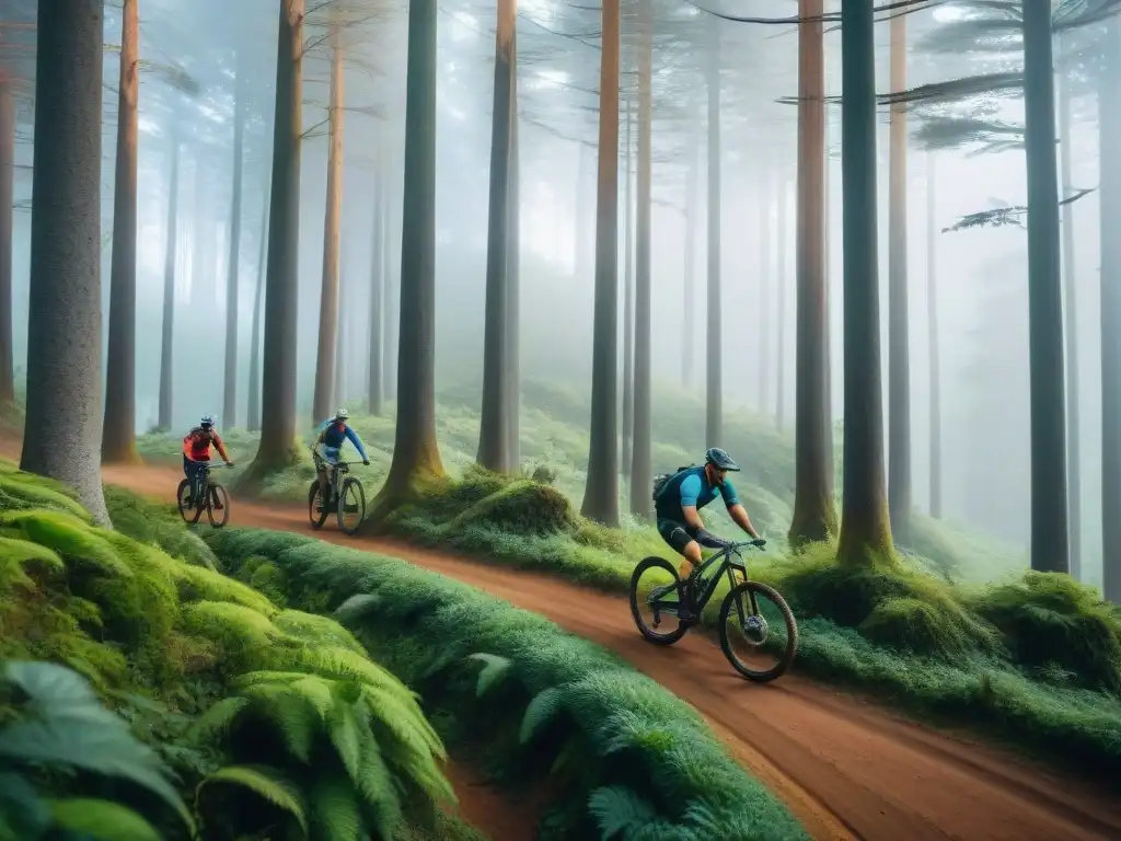 Ciclismo de montaña en invierno Uruguay: grupo de ciclistas coloridos surcando sendero entre bosques verdes y soleados