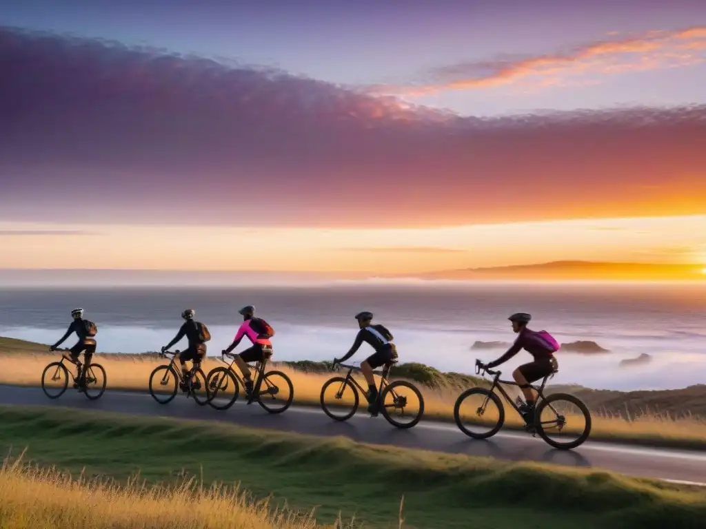 Preparación para ciclismo de larga distancia en Uruguay: ciclistas pedaleando al amanecer por la costa, con cielo rosa, naranja y morado