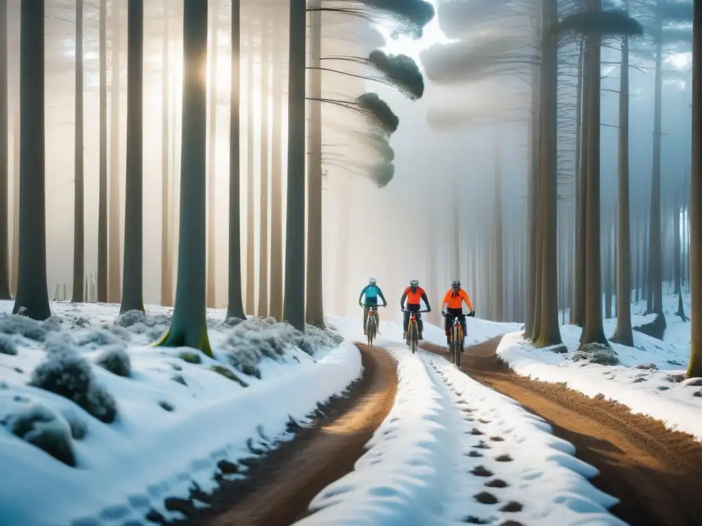 Ciclismo de montaña en invierno Uruguay: Bikers recorren sendero nevado entre árboles en un día soleado y sereno