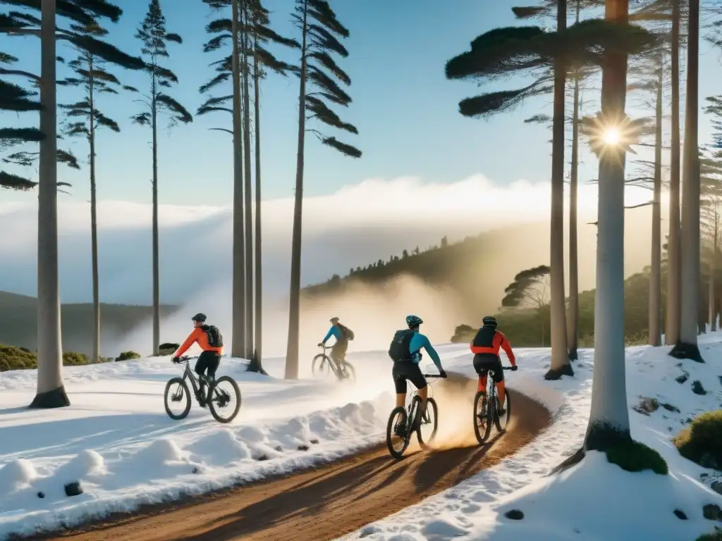 Ciclismo de montaña en invierno Uruguay: Bikers atraviesan sendero nevado rodeados de pinos en la mañana