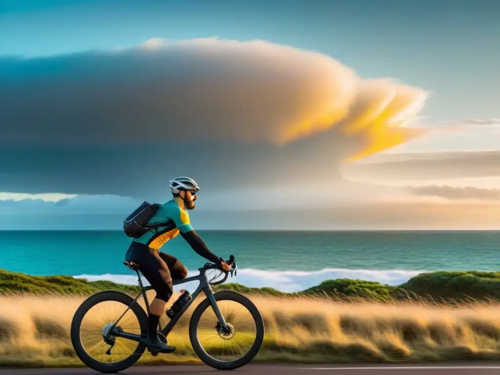 Un ciclista en Uruguay con accesorios esenciales, pedaleando al atardecer en Punta del Este