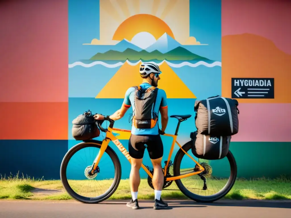 Un ciclista en Uruguay prepara accesorios esenciales frente a un mural vibrante con escenas de ciclismo al atardecer