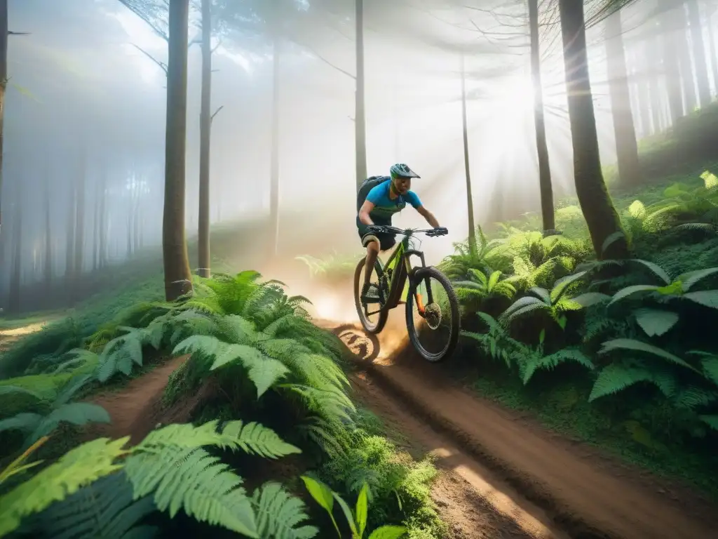 Un ciclista de montaña salta sobre un arroyo en un bosque exuberante de Uruguay