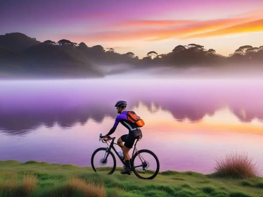 Un ciclista descansa al atardecer en Laguna Garzón, Uruguay, tras un día de pedaleo