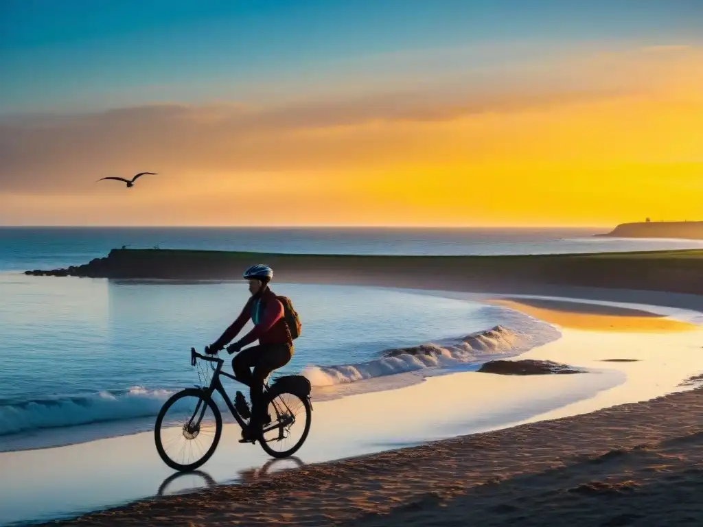 Un ciclista pedaleando al atardecer en la pintoresca costa de Uruguay, reflejando la belleza y serenidad del paisaje