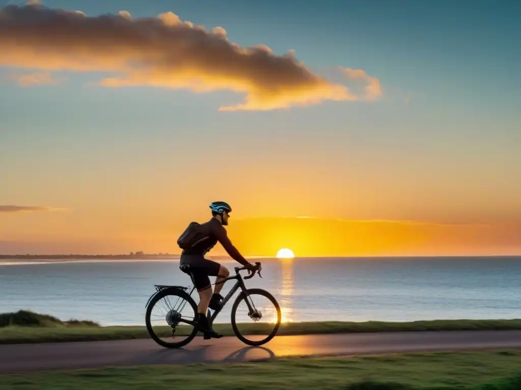 Un ciclista explorando Uruguay en bicicleta al atardecer en Punta del Este, con el sol reflejándose en el mar