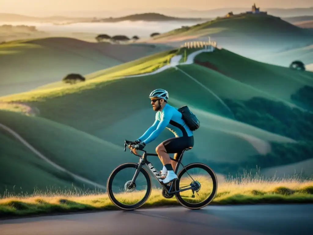 Ciclista preparando bicicleta para terrenos en Uruguay, luz dorada del atardecer sobre colinas verdes