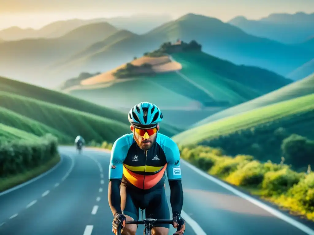 Ciclista ajustando casco junto a bici en paisaje uruguayo, en preparación para ciclismo de larga distancia en Uruguay