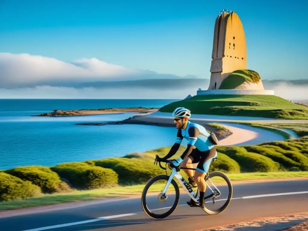 Un ciclista recorre la costa de Punta del Este, Uruguay, con accesorios esenciales