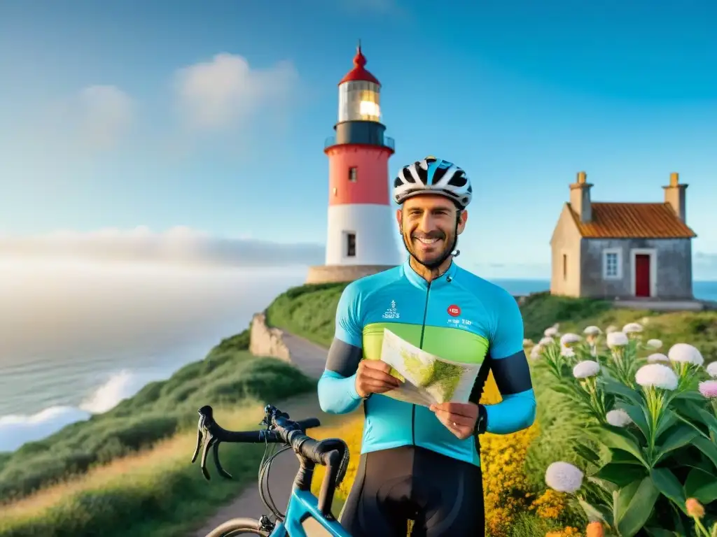 Un ciclista en Uruguay con equipo colorido y casco, junto a un faro mirando al Atlántico, rodeado de naturaleza exuberante y flores vibrantes