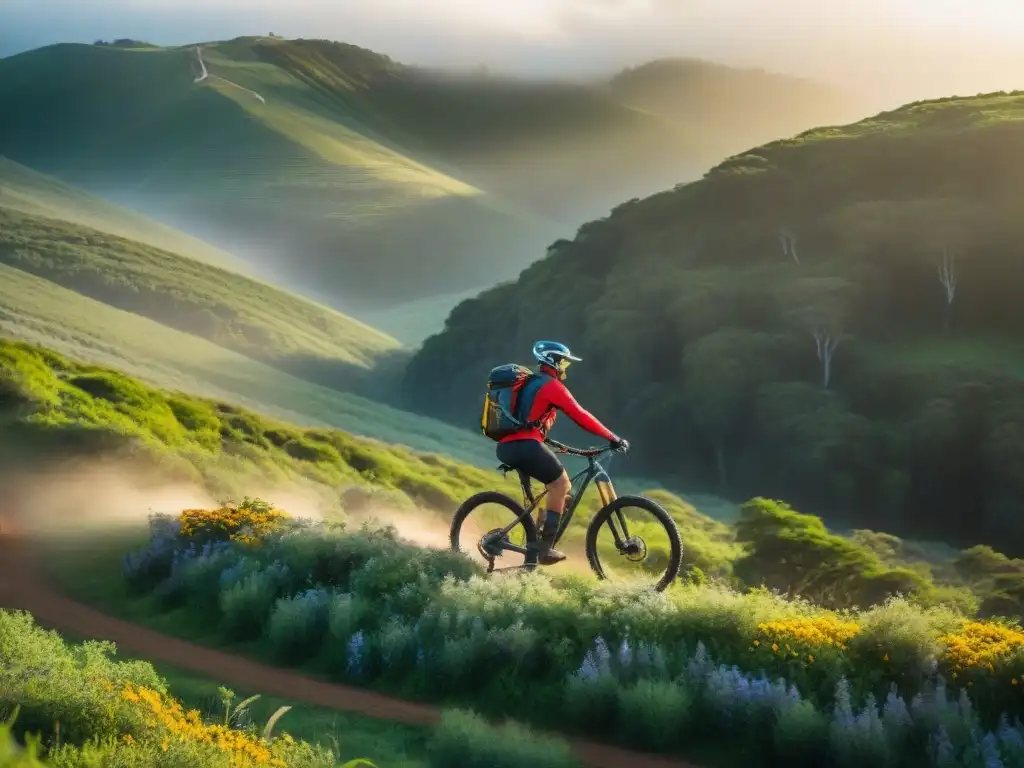 Un ciclista de montaña recorriendo un sendero en Uruguay, rodeado de naturaleza exuberante