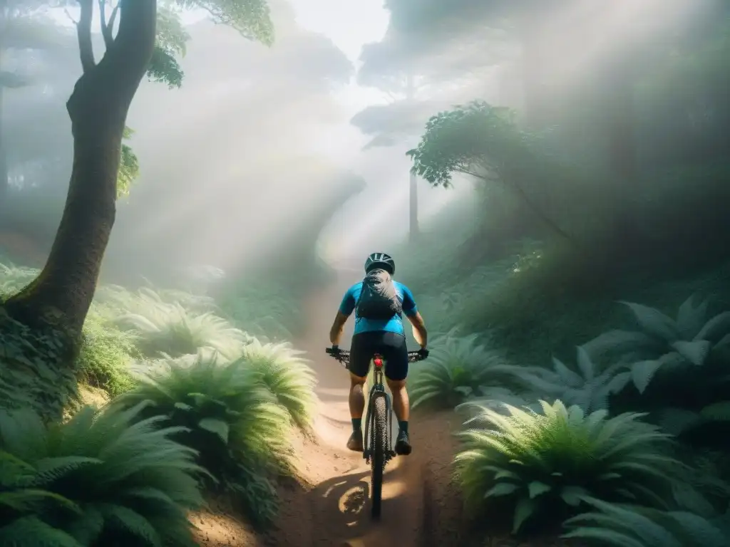 Un ciclista de montaña en Uruguay experimenta la serenidad del sendero rodeado de naturaleza exuberante