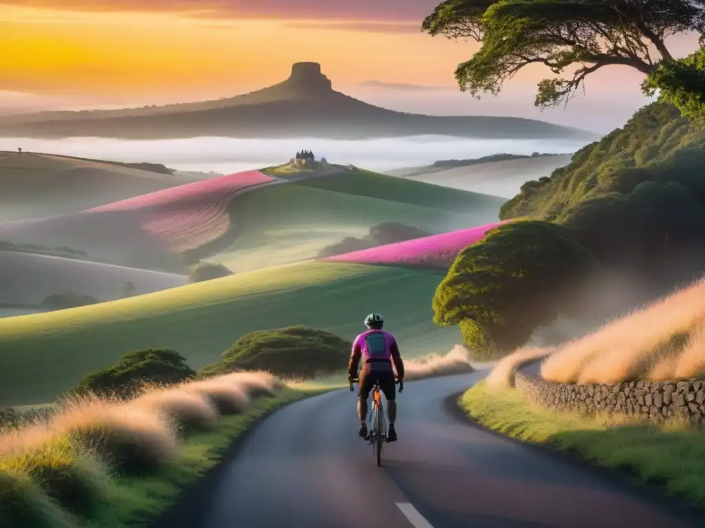 Un ciclista solitario pedaleando al atardecer en Uruguay, bajo un cielo dorado y colorido