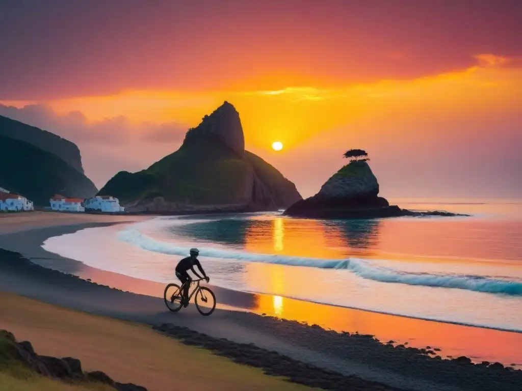 Ciclista solitario al atardecer en la costa de Uruguay Un ciclista solitario pedaleando al atardecer por la pintoresca costa uruguaya