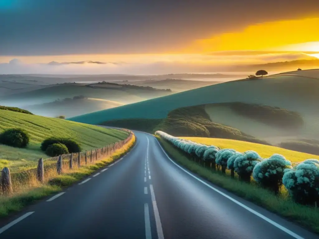 Un ciclista solitario pedalea al atardecer por una ruta secreta de Uruguay, entre colinas doradas y árboles verdes