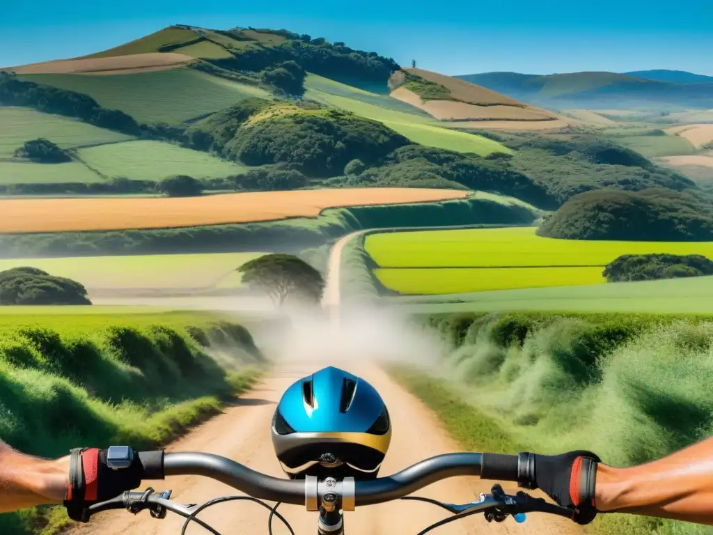 Un ciclista solitario recorre un camino rural en Uruguay, rodeado de naturaleza exuberante